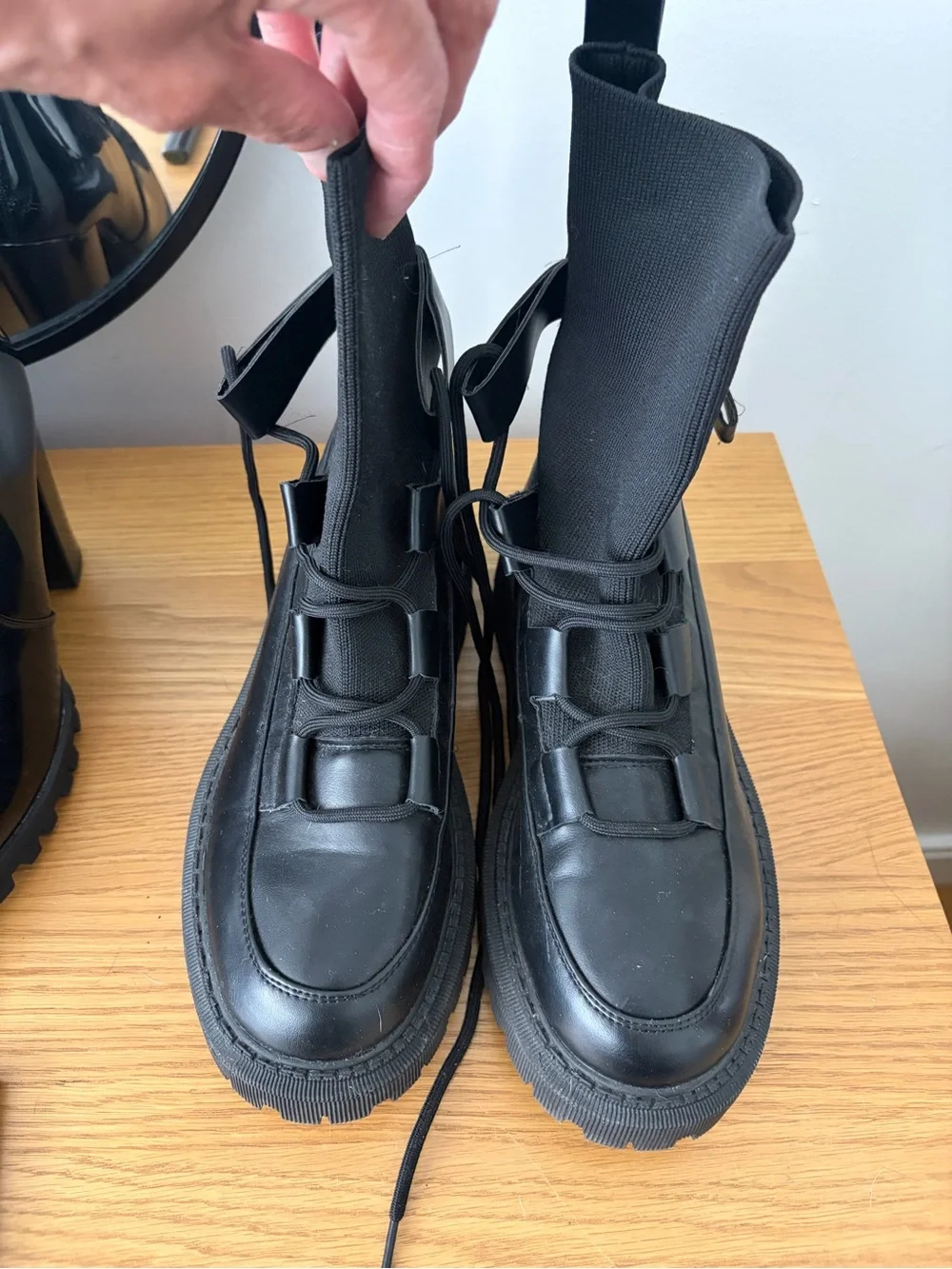 Black Lug Sole Combat Boot with Knit Shaft